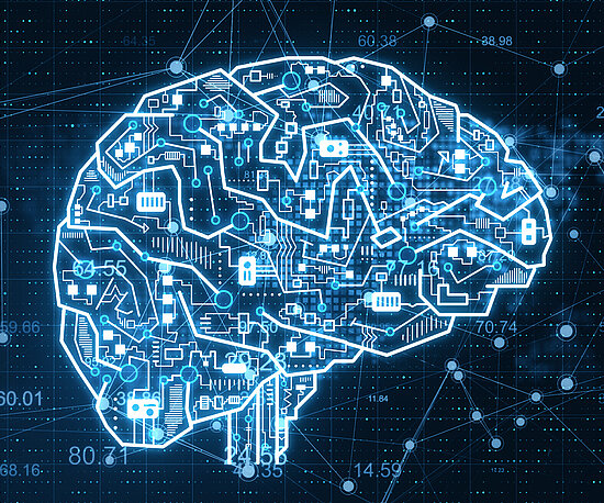 Eine digitale Illustration eines Gehirns, das als Schaltkreis dargestellt ist, mit leuchtenden Linien und Verbindungen auf einem dunklen Hintergrund.