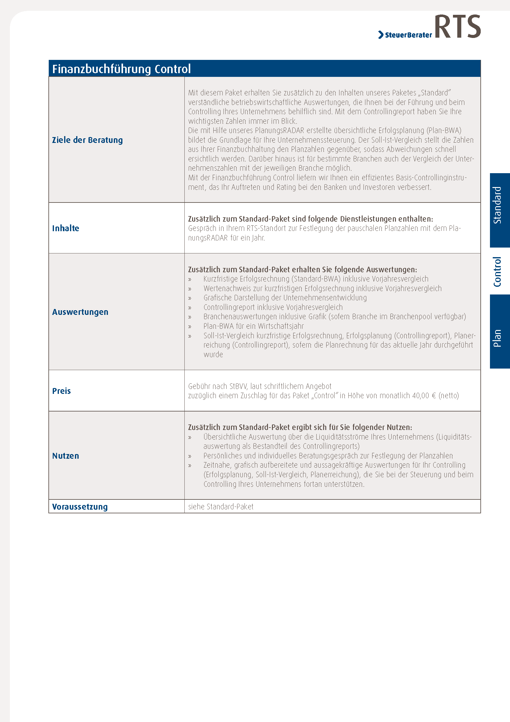 Eine Seite aus einem Dokument der Finanzbuchführung Control von RTS Steuerberater. Die Seite ist in verschiedene Abschnitte unterteilt: "Ziele der Beratung", "Inhalte", "Auswertungen", "Preis", "Nutzen" und "Voraussetzung". Jeder Abschnitt enthält detaillierte Informationen und Beschreibungen der angebotenen Dienstleistungen und Vorteile, einschließlich zusätzlicher Leistungen zum Standard-Paket.