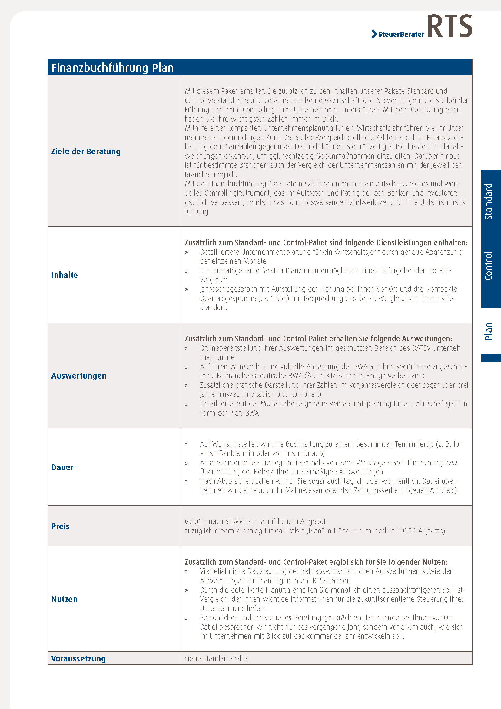 Eine Seite aus einem Dokument der Finanzbuchführung Plan von RTS Steuerberater. Die Seite ist in verschiedene Abschnitte unterteilt: "Ziele der Beratung", "Inhalte", "Auswertungen", "Dauer", "Preis", "Nutzen" und "Voraussetzung". Jeder Abschnitt enthält detaillierte Informationen und Beschreibungen der angebotenen Dienstleistungen und Vorteile.