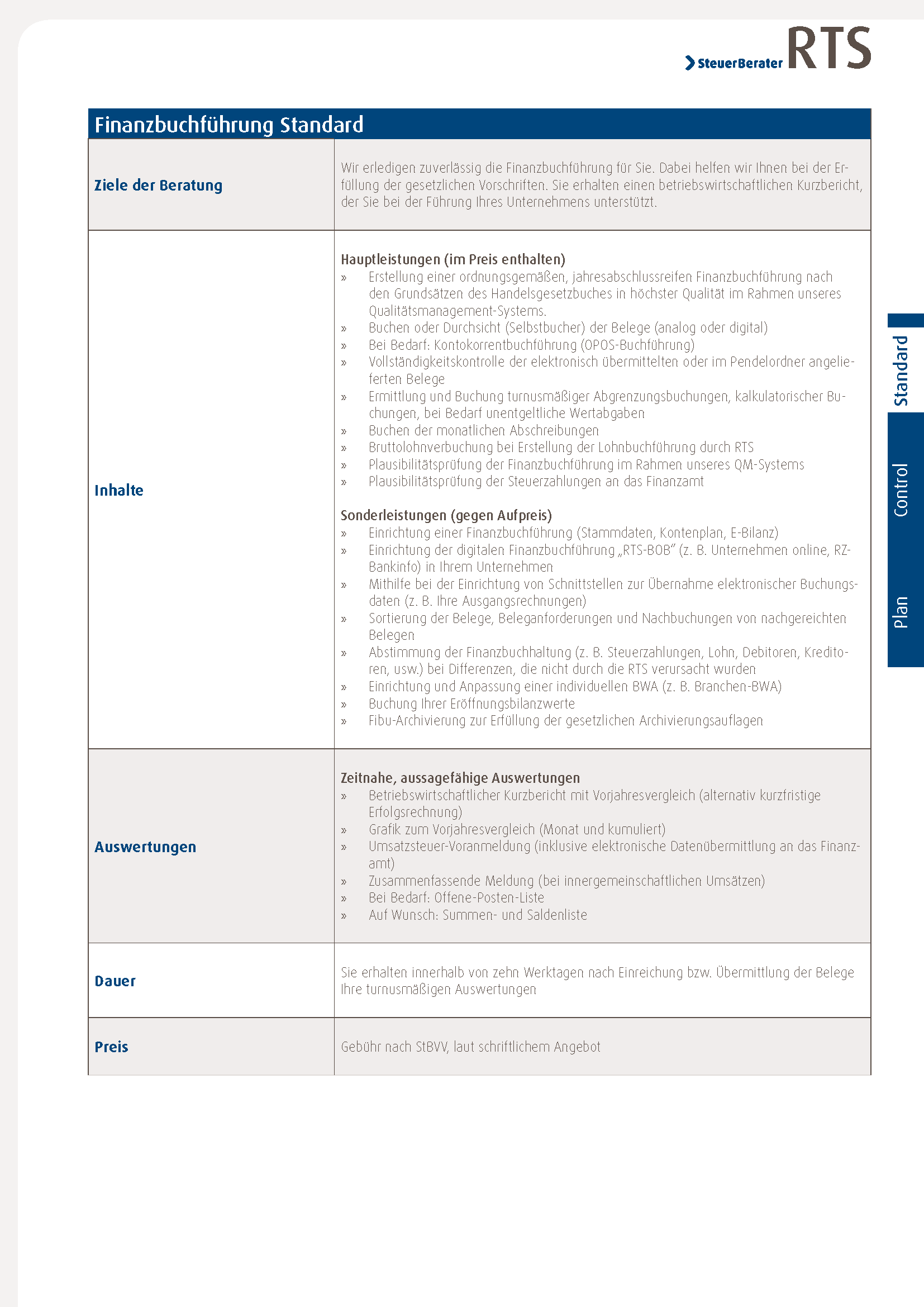 Eine Seite aus einem Dokument der Finanzbuchführung Standard von RTS Steuerberater. Die Seite ist in verschiedene Abschnitte unterteilt: "Ziele der Beratung", "Inhalte", "Auswertungen", "Dauer" und "Preis". Jeder Abschnitt enthält detaillierte Informationen und Beschreibungen der angebotenen Dienstleistungen und Vorteile, einschließlich Haupt- und Sonderleistungen.